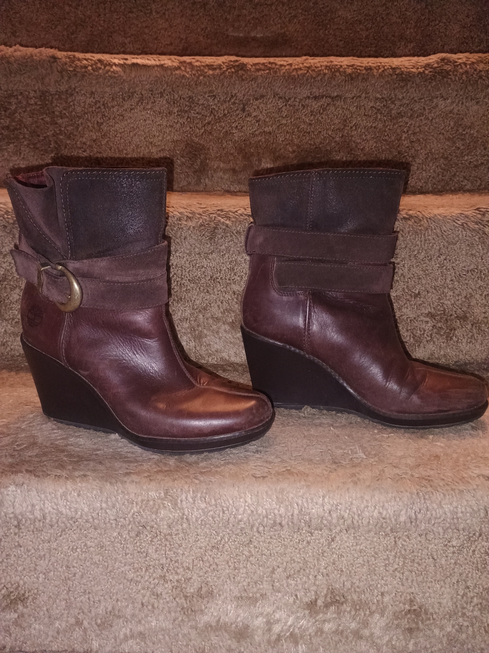 Women's Brown Leather Wedge Ankle Boots with Buckle Detail